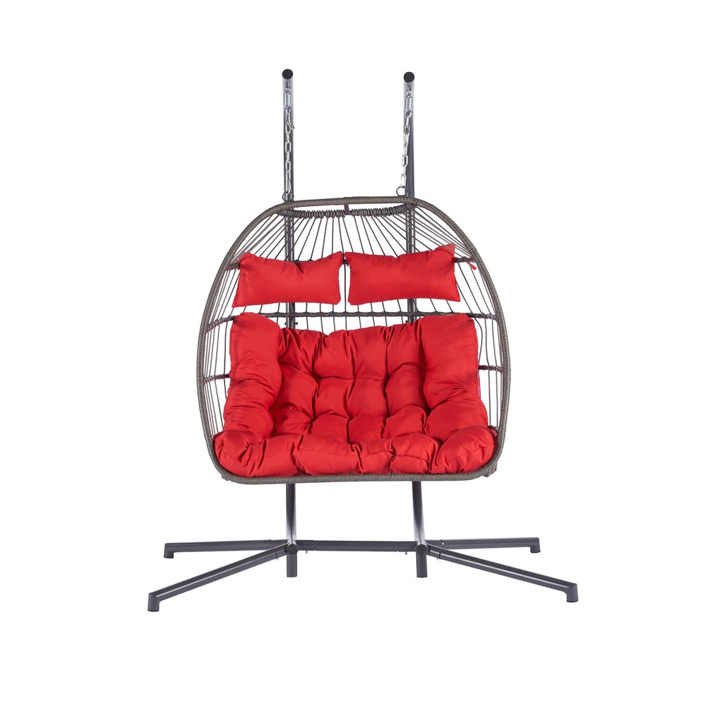 38" Red Gray And Black Faux Rattan Steel Outdoor Folding Egg Chair
