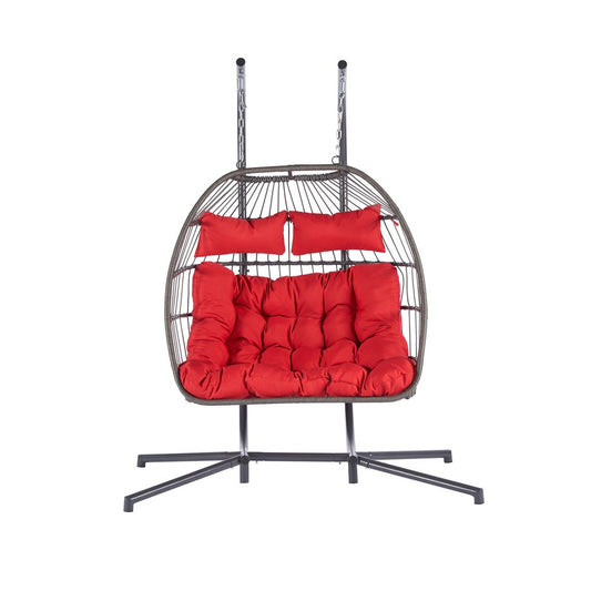 38" Red Gray And Black Faux Rattan Steel Outdoor Folding Egg Chair