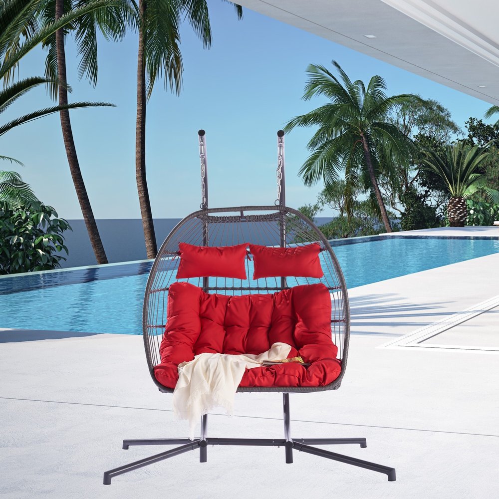 38" Red Gray And Black Faux Rattan Steel Outdoor Folding Egg Chair