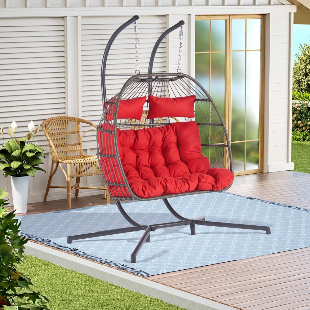 38" Red Gray And Black Faux Rattan Steel Outdoor Folding Egg Chair
