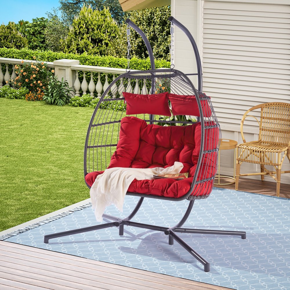 38" Red Gray And Black Faux Rattan Steel Outdoor Folding Egg Chair