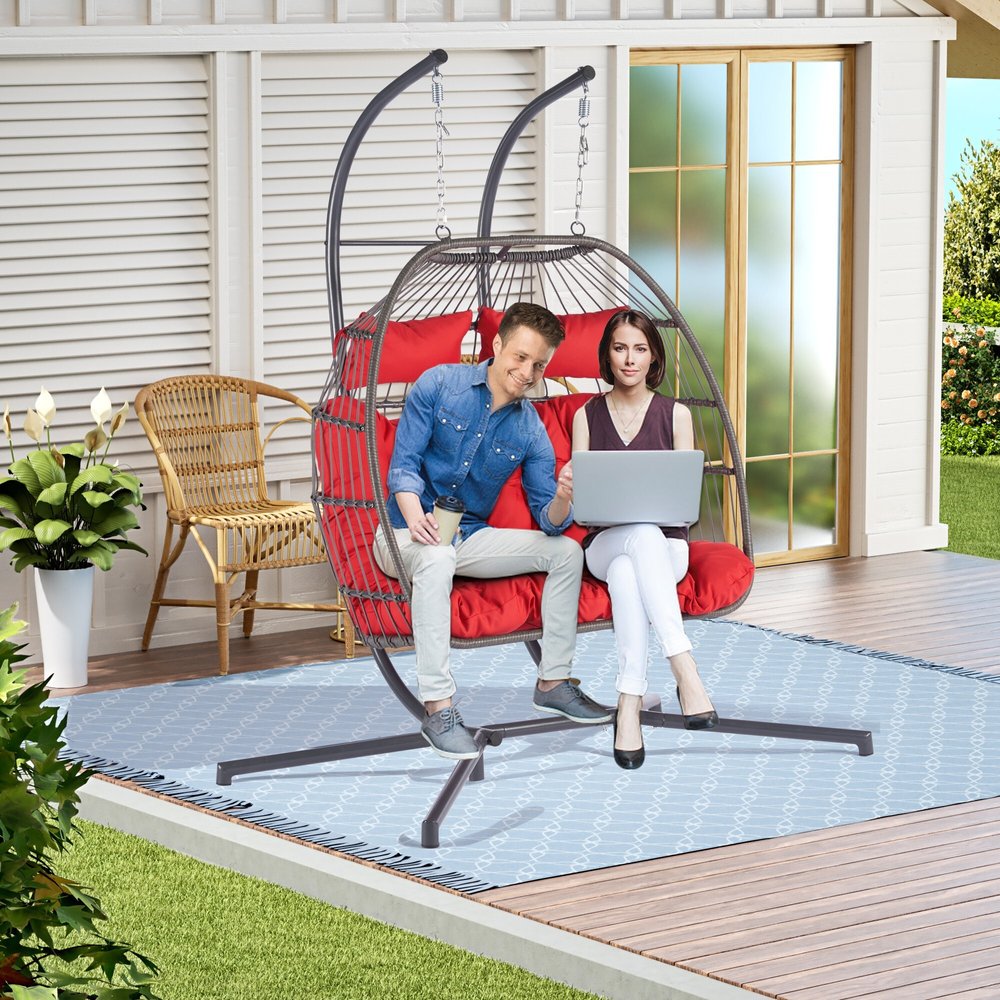 38" Red Gray And Black Faux Rattan Steel Outdoor Folding Egg Chair