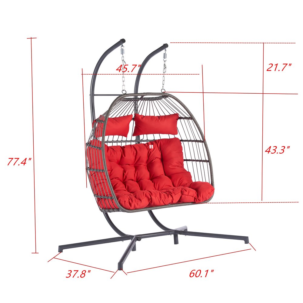 38" Red Gray And Black Faux Rattan Steel Outdoor Folding Egg Chair