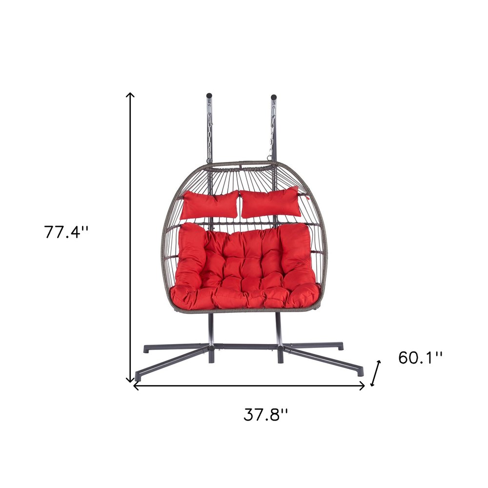 38" Red Gray And Black Faux Rattan Steel Outdoor Folding Egg Chair