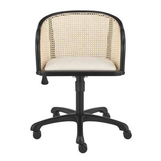 Beige and Black Solid Wood Steel And Cane Rattan Adjustable Swivel Rolling Office Chair