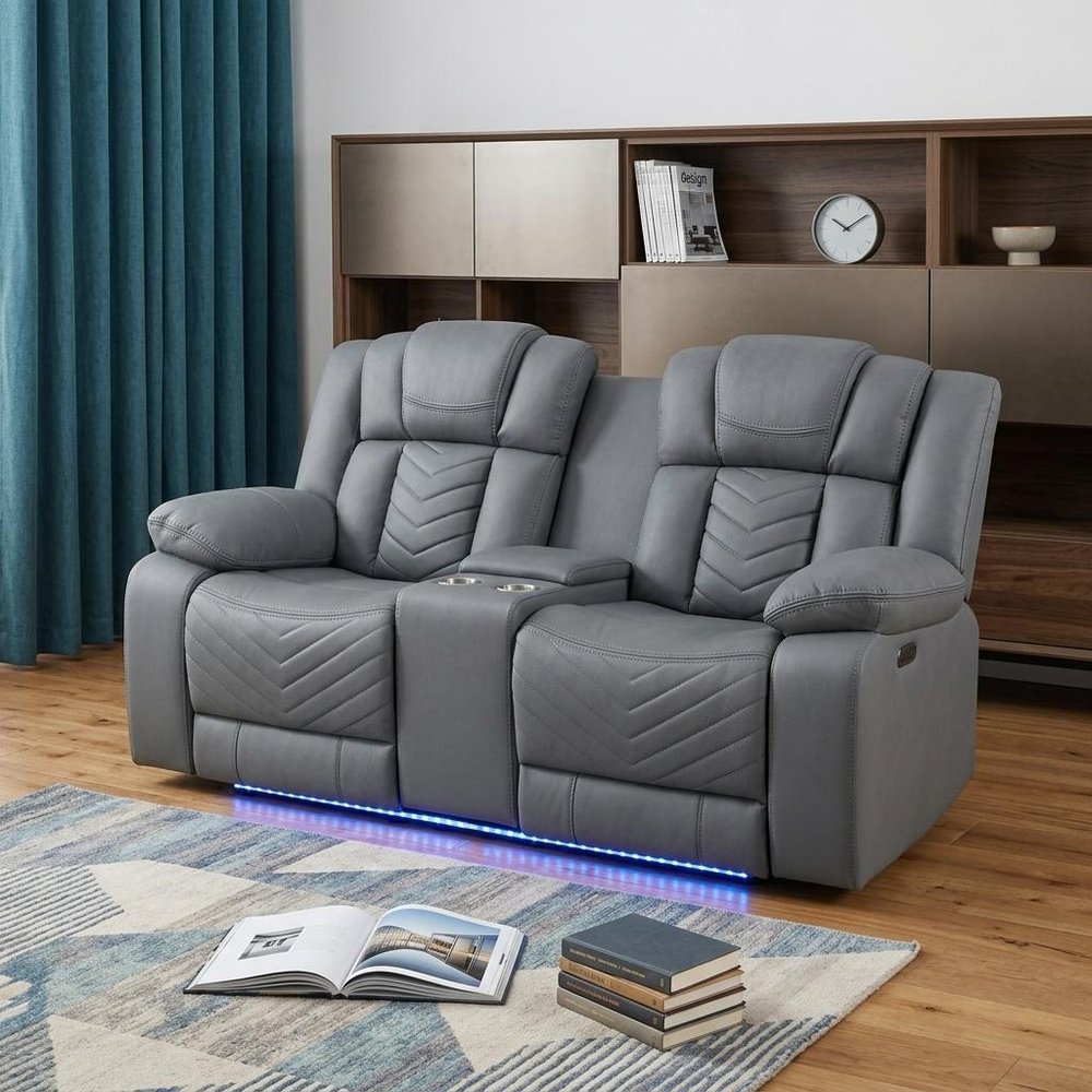 75" Light Gray Faux Leather Power Reclining Loveseat With Storage