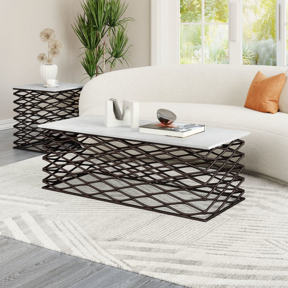 50" White and Antiqued Bronze Genuine Marble and Aluminum Abstract Coffee Table