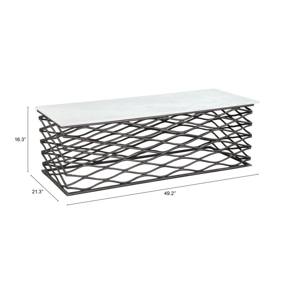 50" White and Antiqued Bronze Genuine Marble and Aluminum Abstract Coffee Table