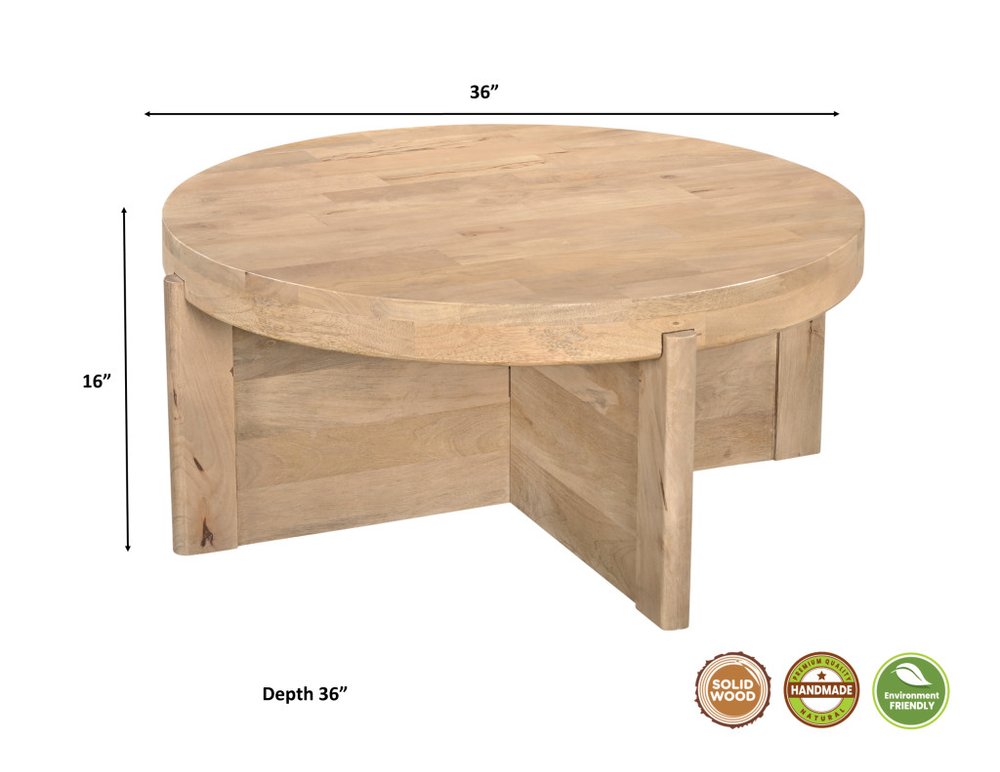 36" Natural Solid Wood Round Cross Legs Coffee Table