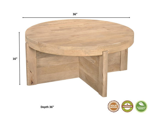 36" Natural Solid Wood Round Cross Legs Coffee Table