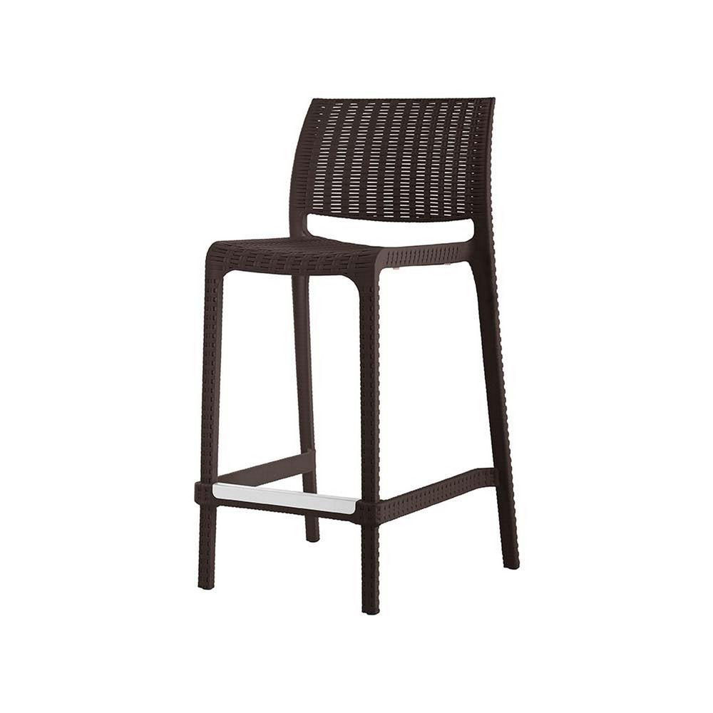 Set of Two 26" Brown Faux Rattan Low Back Outdoor Counter Height Bar Chairs
