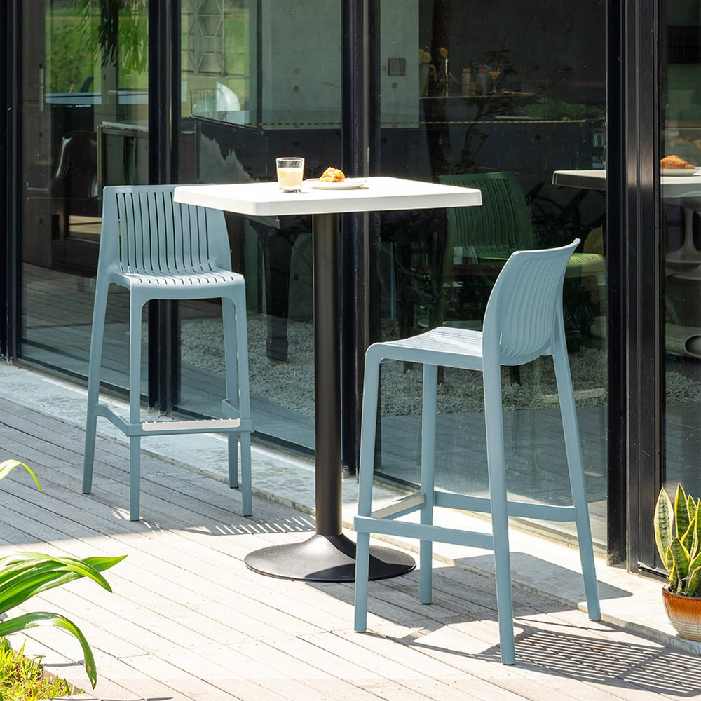 Set of Two 30" Baby Blue Heavy Duty Plastic Low Back Outdoor Bar Height Chairs