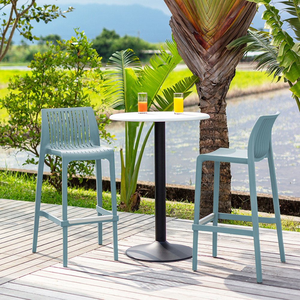 Set of Two 30" Baby Blue Heavy Duty Plastic Low Back Outdoor Bar Height Chairs