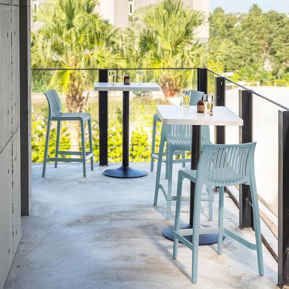 Set of Two 26" Baby Blue Heavy Duty Plastic Low Back Outdoor Counter Height Bar Chairs