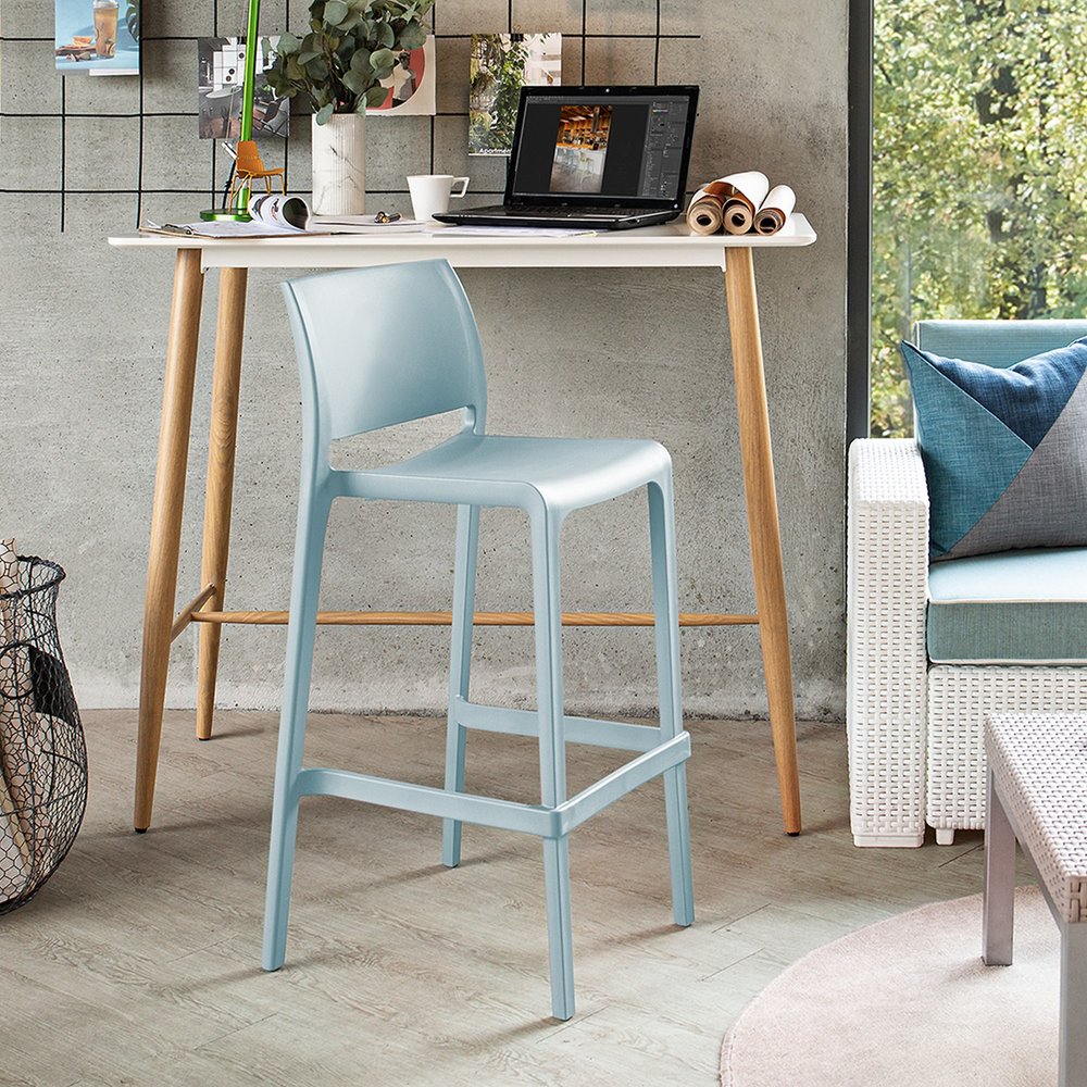 Set of Two 30" Baby Blue Heavy Duty Plastic Low Back Outdoor Bar Height Chairs