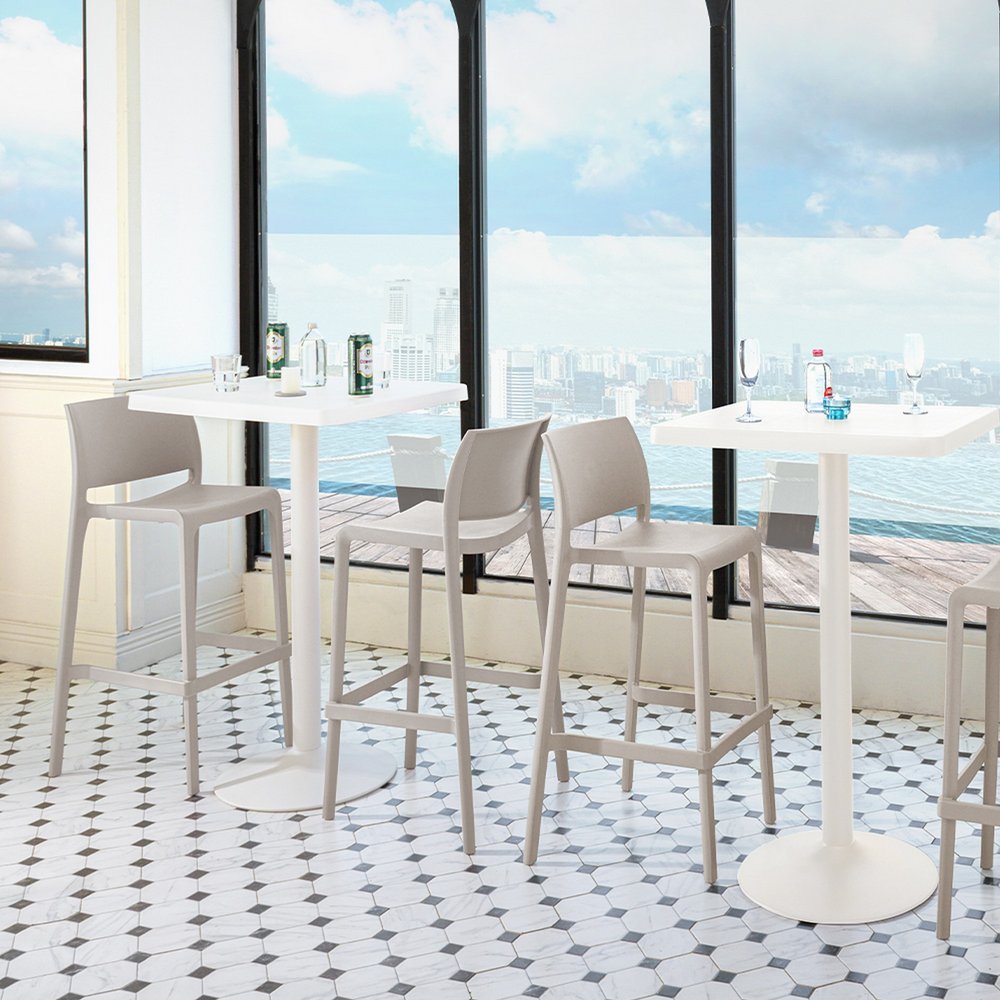 Set of Two 30" Taupe Heavy Duty Plastic Low Back Outdoor Bar Height Chairs
