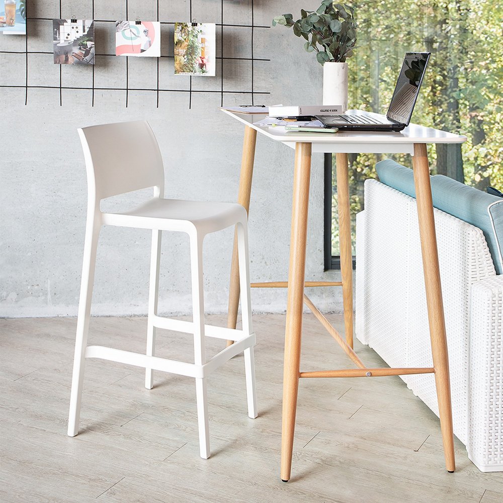 Set of Two 30" White Heavy Duty Plastic Low Back Outdoor Bar Height Chairs