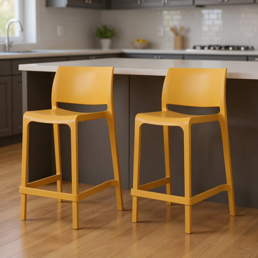 Set of Two 26" Gold and Yellow Heavy Duty Plastic Low Back Outdoor Counter Height Bar Chairs
