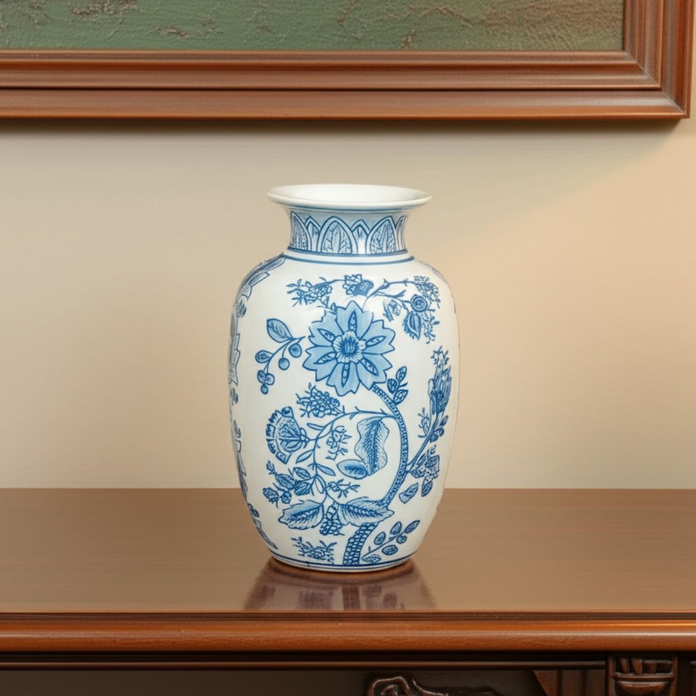 9" Light Blue And White Floral Round Porcelain Jar
