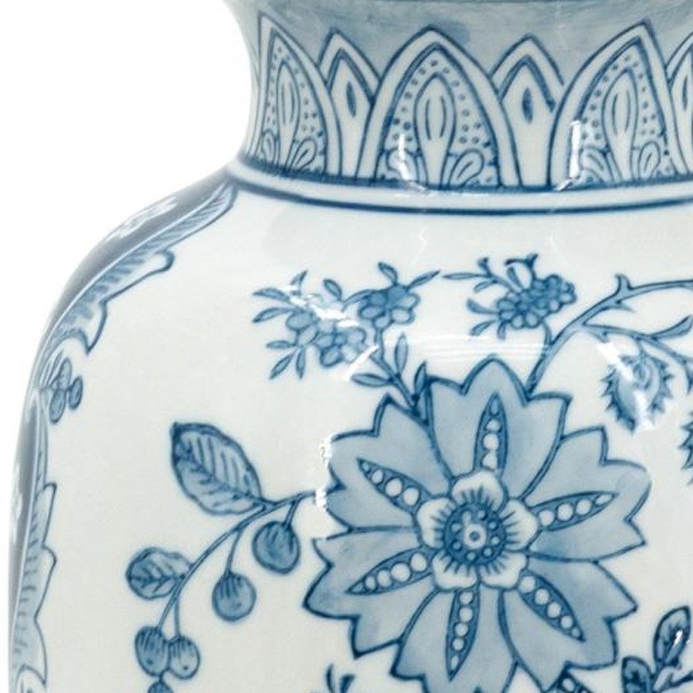 9" Light Blue And White Floral Round Porcelain Jar