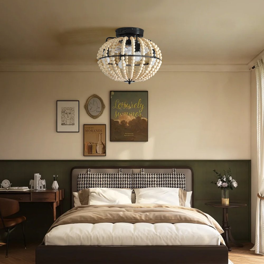 Natural Wood Bead Four Light Semi-Flush Mount Ceiling Fan And Light