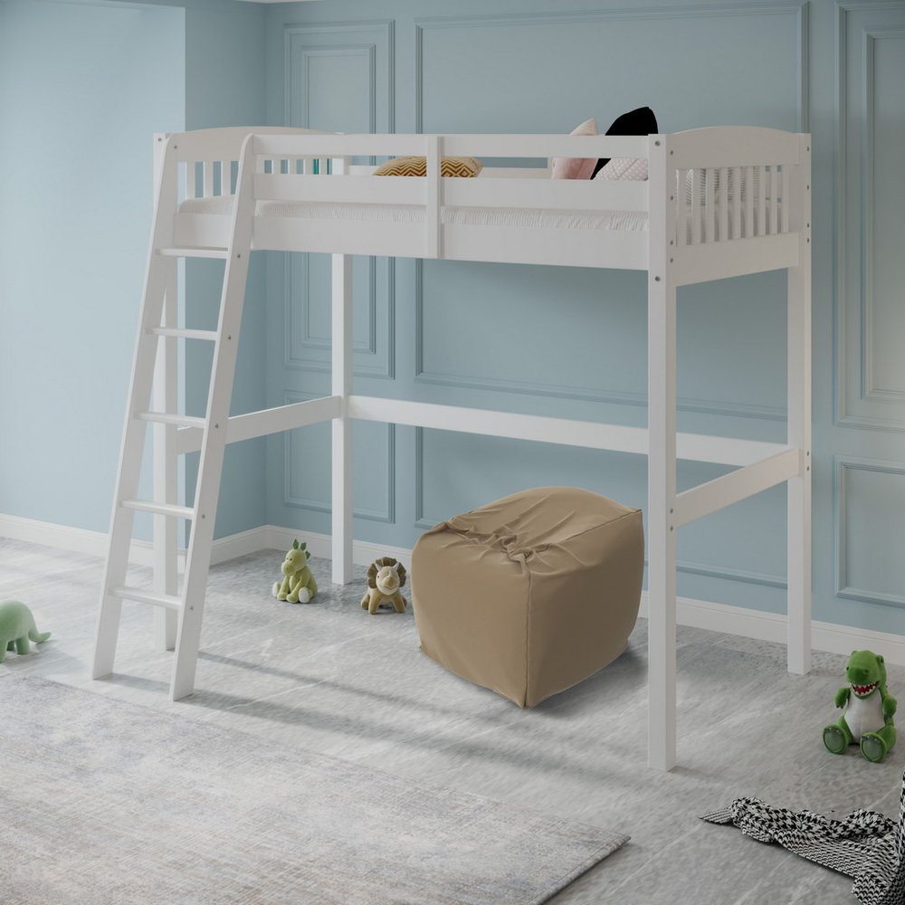 White Slat Solid Wood Twin Loft Bed