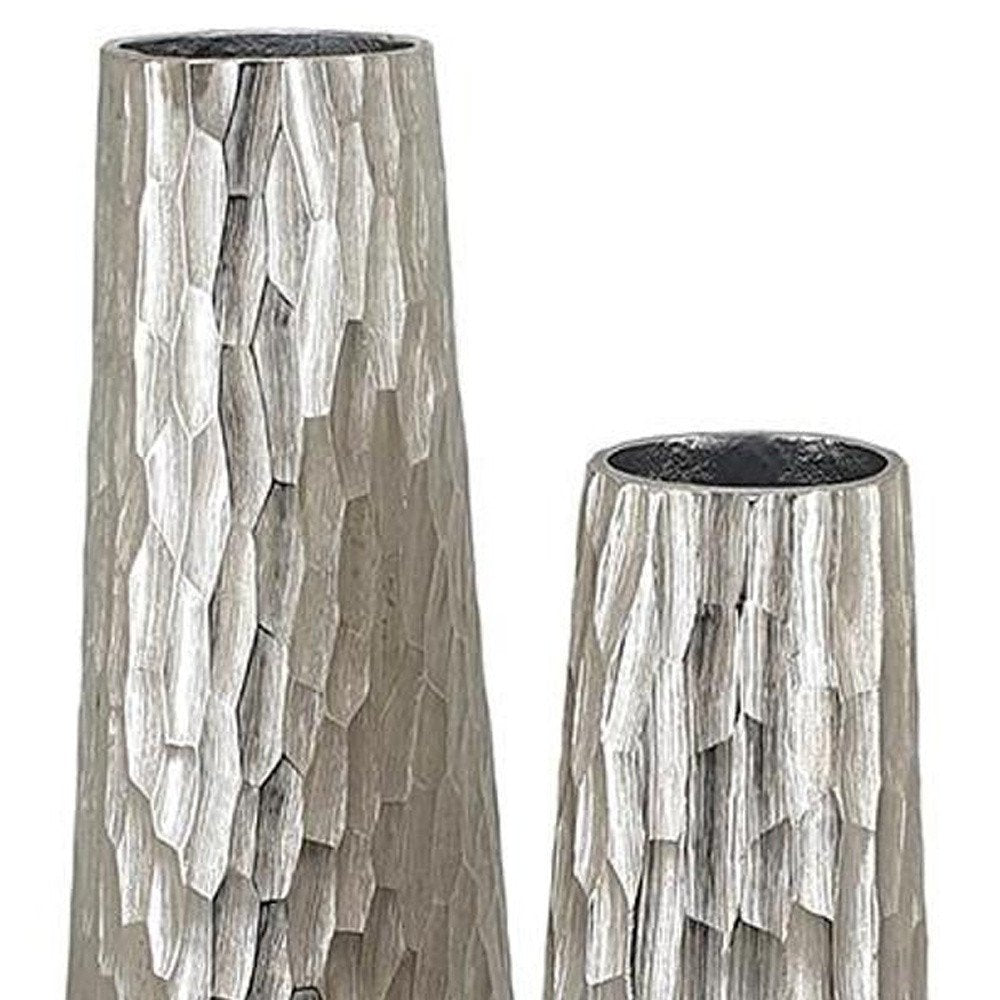 Set of Two Silver Cast Aluminum Textured Table Vases