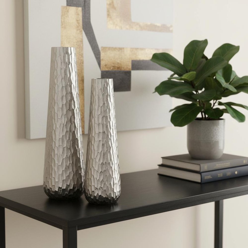 Set of Two Silver Cast Aluminum Textured Table Vases