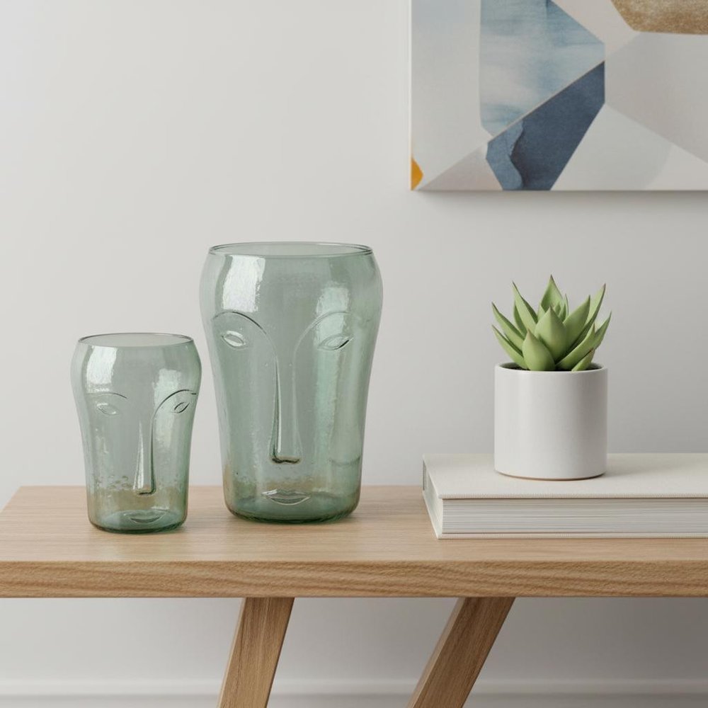 Set of Two Light Green Glass Modern Abstract Faces Table Vases