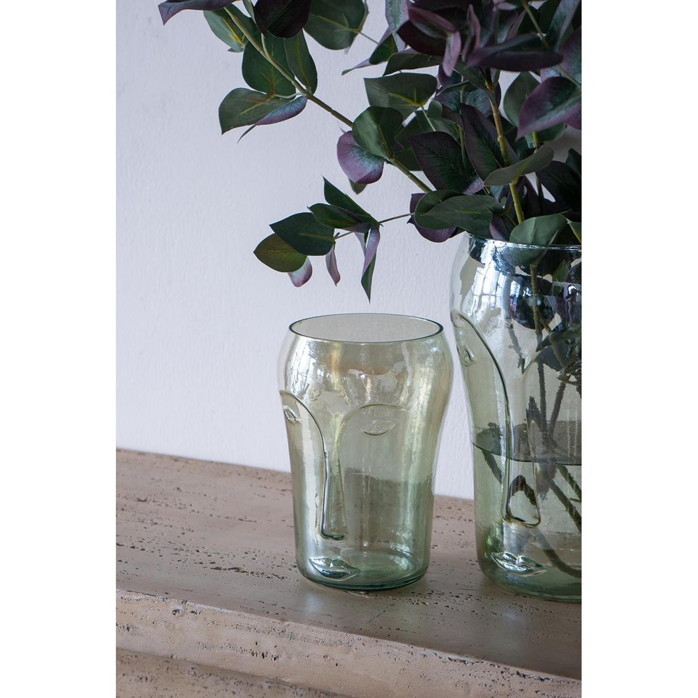 Set of Two Light Green Glass Modern Abstract Faces Table Vases