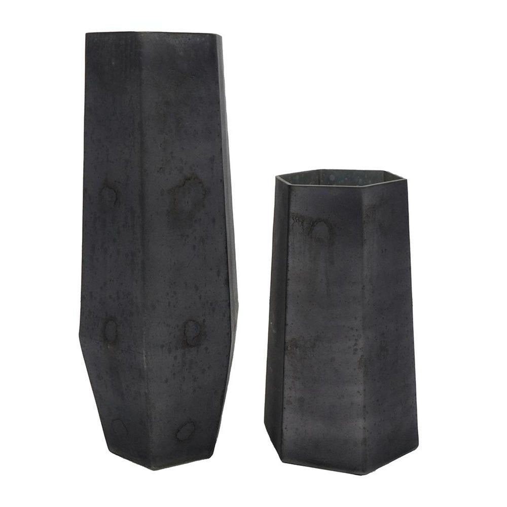 Set of Two Black Hexagonal Glass Table Vases