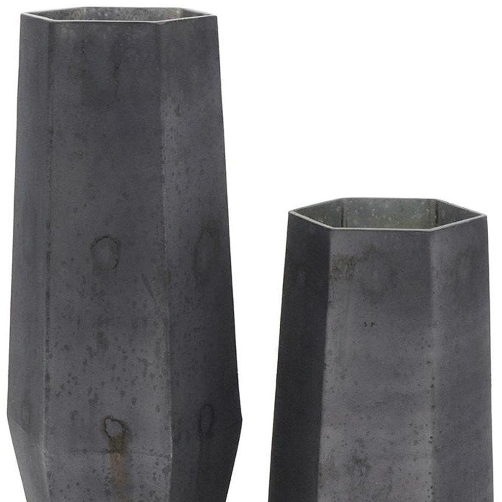 Set of Two Black Hexagonal Glass Table Vases
