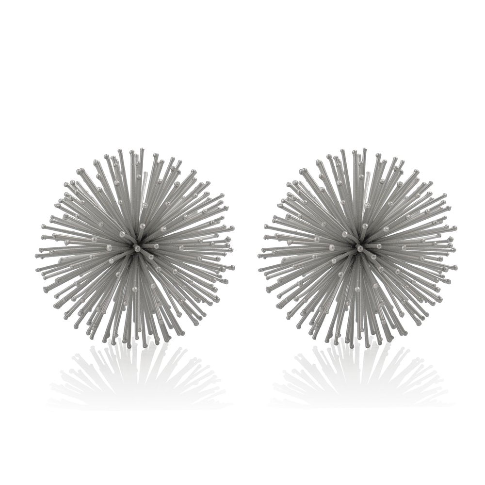 Set of Two Silver Iron Decorative Spiky Sphere Tabletop Sculpture