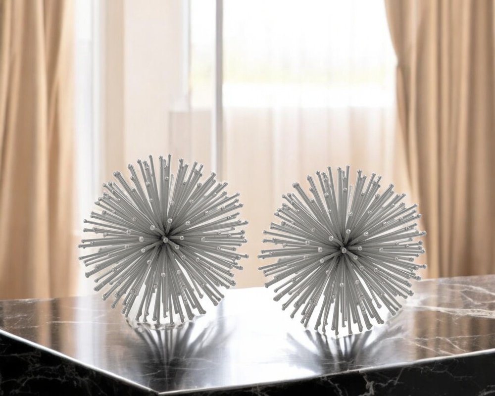 Set of Two Silver Iron Decorative Spiky Sphere Tabletop Sculpture