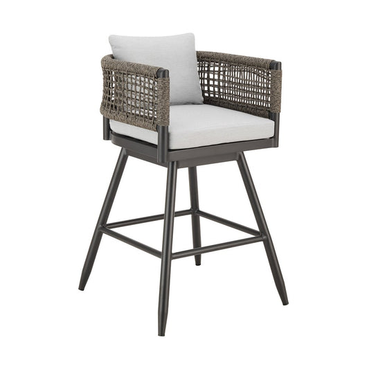 30" Black and Light Gray Aluminum Swivel Rope Back Outdoor Bar Height Chair with Footrest