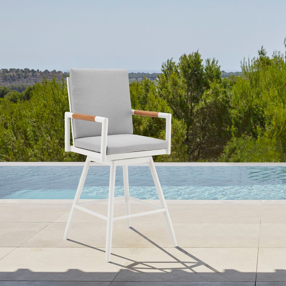 48" Light Gray Metal Swivel Outdoor Bar Height chair with Footrest