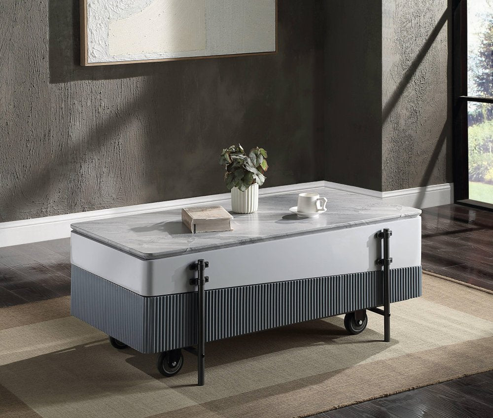 47" Gray White and Black Faux Marble Wood and Steel Lift Top Coffee Table