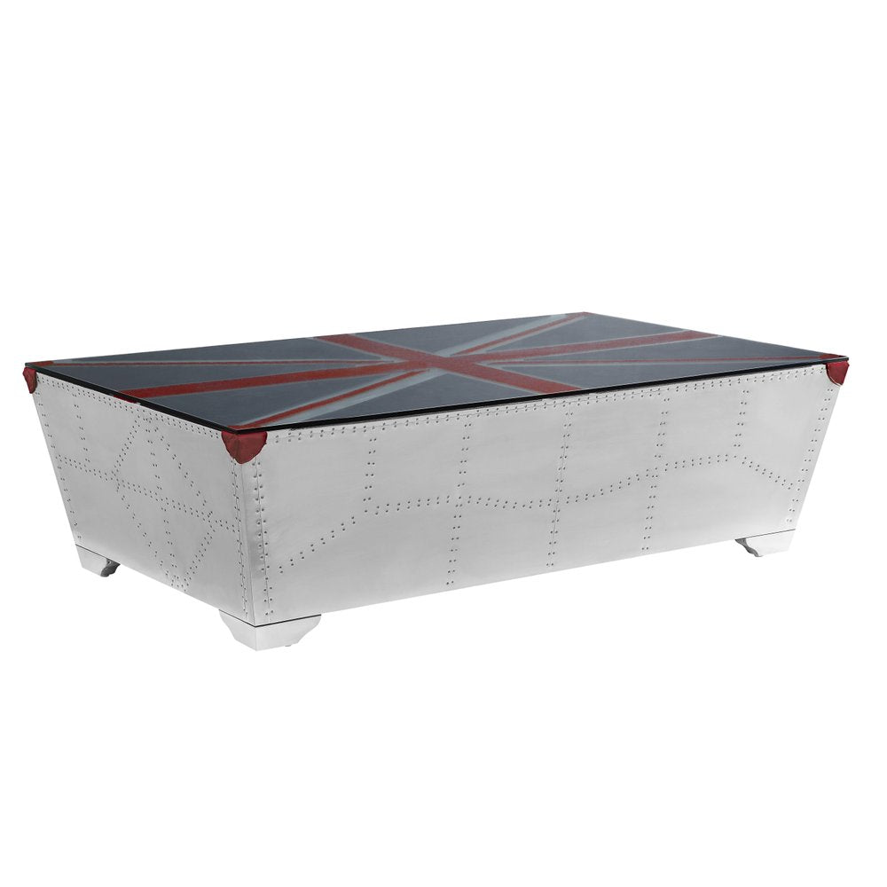 64" Silver Navy Blue And Red Union Jack Aviator Coffee Table
