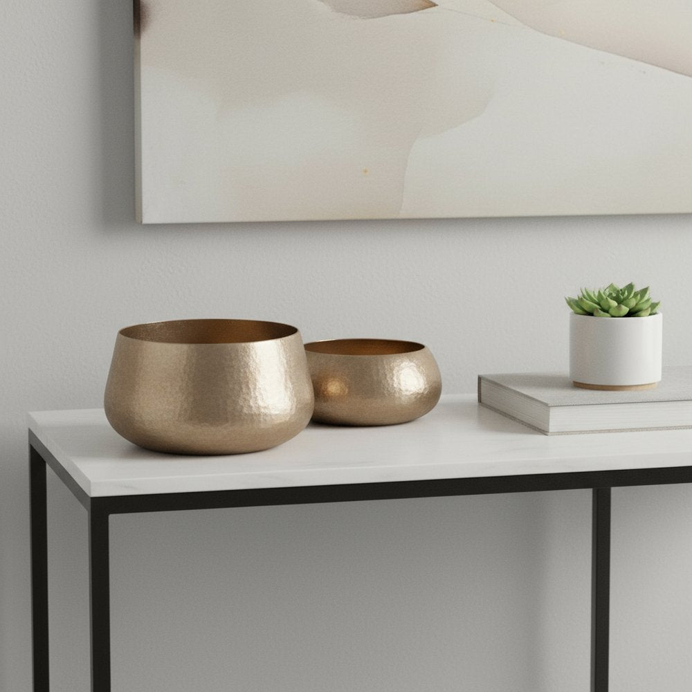 Set of Two Gold Aluminum Round Table Vases