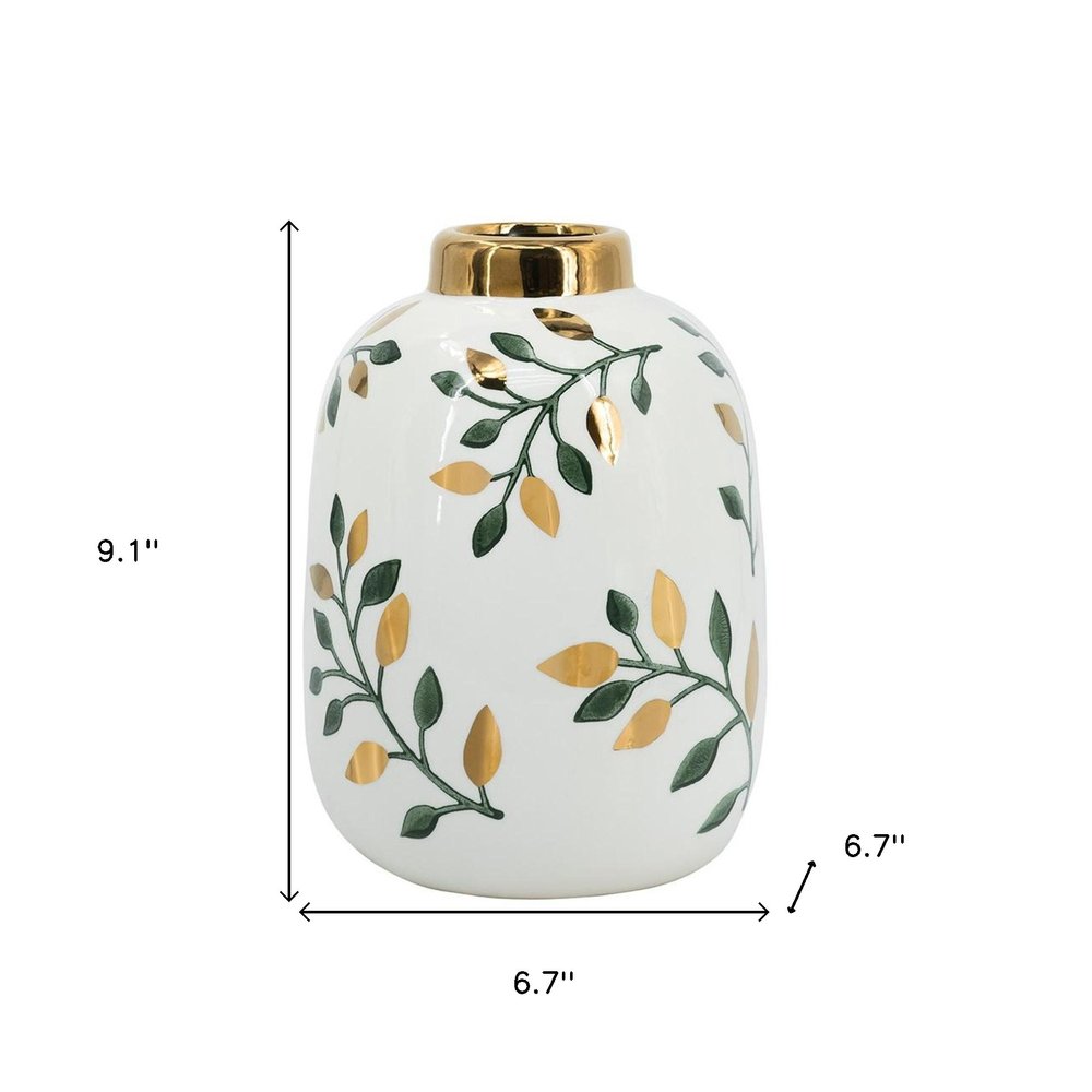 9" White Green And Gold Leaf Round Ceramic Table Vase