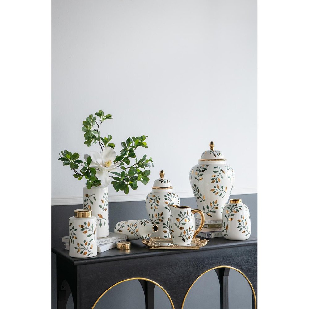 9" White Green And Gold Leaf Round Ceramic Table Vase