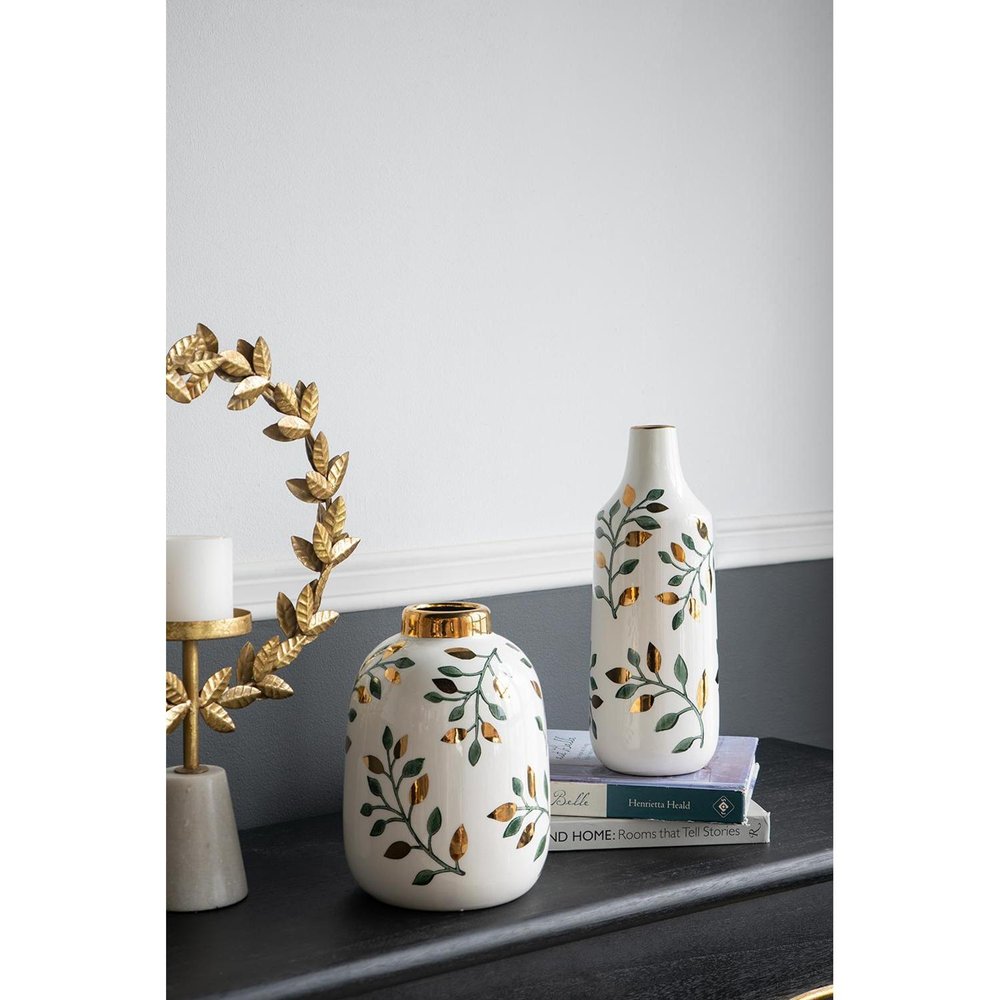 9" White Green And Gold Leaf Round Ceramic Table Vase