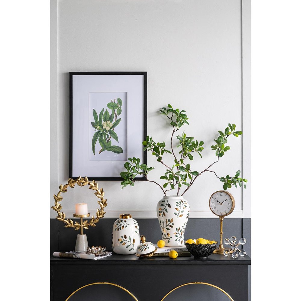 9" White Green And Gold Leaf Round Ceramic Table Vase