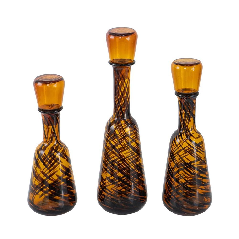 Set of Three Amber Abstract Swirl Glass Decorative Bottles With Stoppers