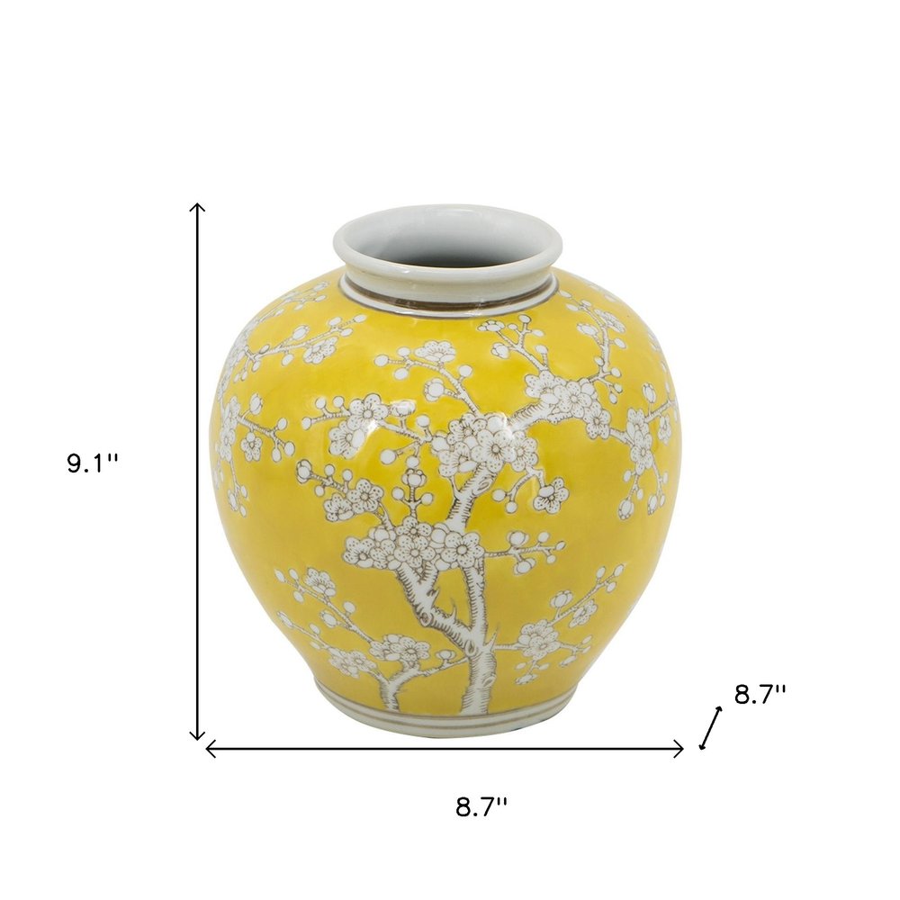 9" Yellow And White Chinoiserie Floral Porcelain Table Vase