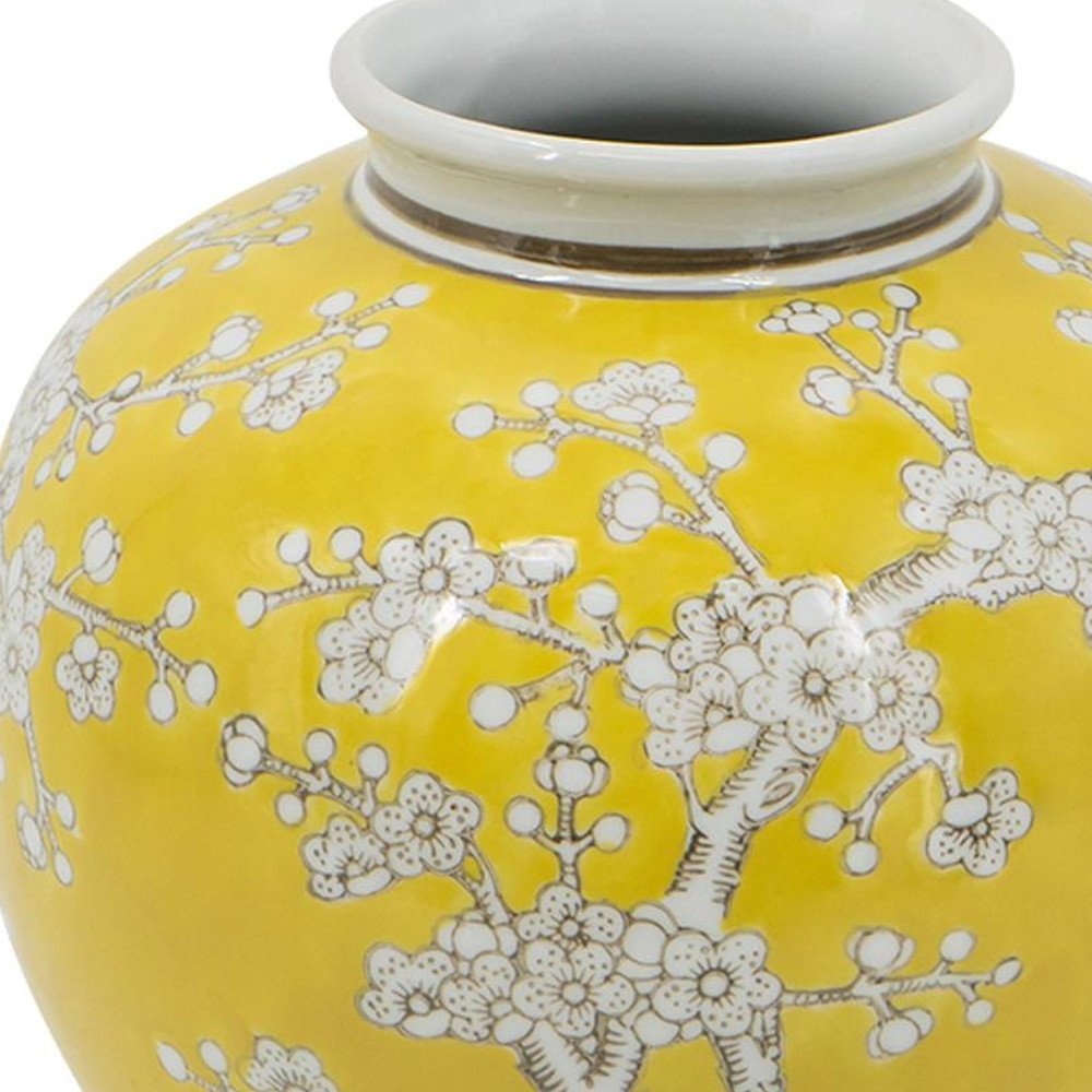 9" Yellow And White Chinoiserie Floral Porcelain Table Vase