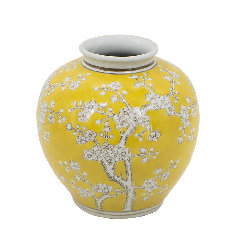 9" Yellow And White Chinoiserie Floral Porcelain Table Vase