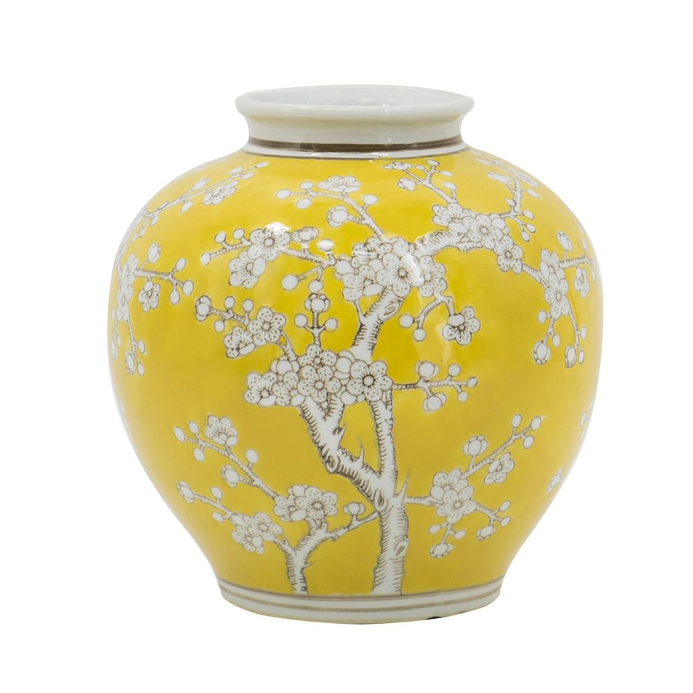 9" Yellow And White Chinoiserie Floral Porcelain Table Vase