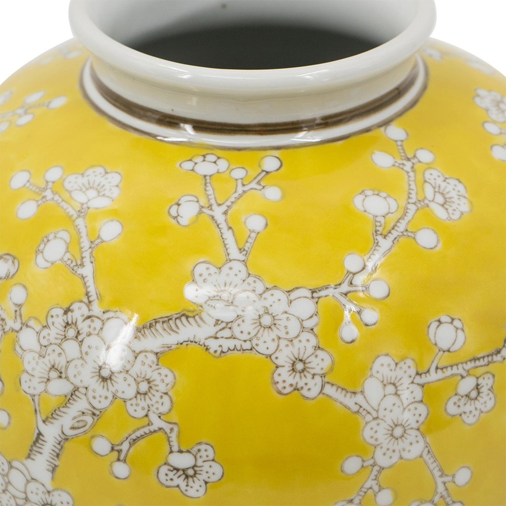 9" Yellow And White Chinoiserie Floral Porcelain Table Vase