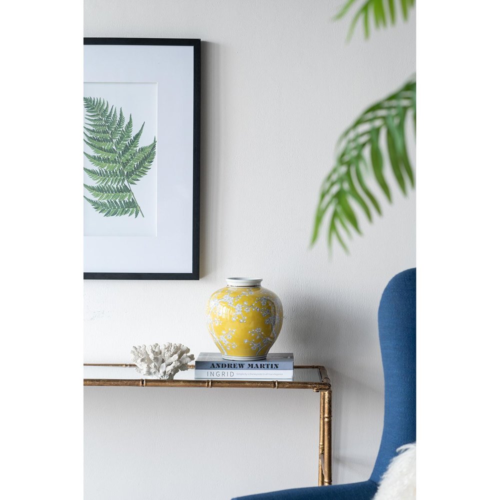 9" Yellow And White Chinoiserie Floral Porcelain Table Vase